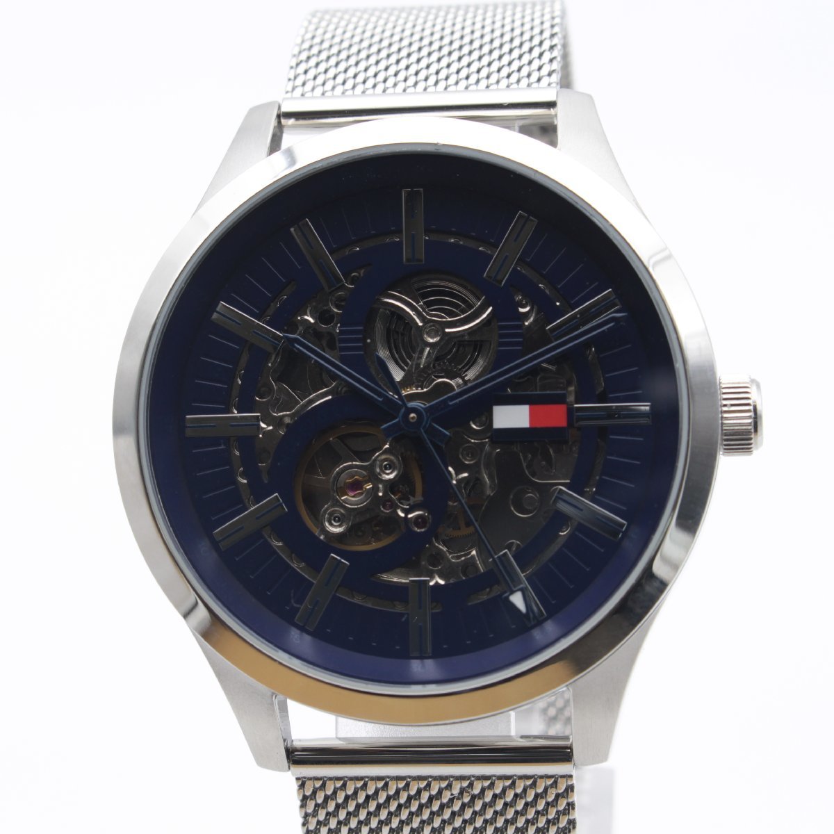 Tommy Hilfiger Spencer Skeleton Black Dial Silver Mesh Bracelet Watch for Men - 1791643