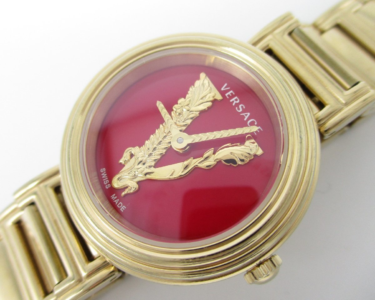 Versace Virtus Mini Quartz Red Dial Gold Steel Strap Watch For Women - VET300321