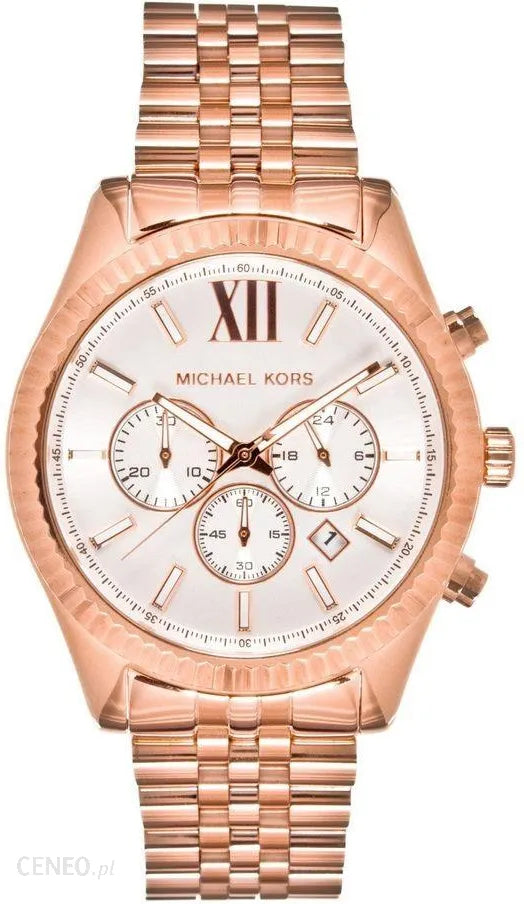 Michael Kors Lexington Chronograph White Dial Rose Gold Steel Strap Watch For Women - MK8313