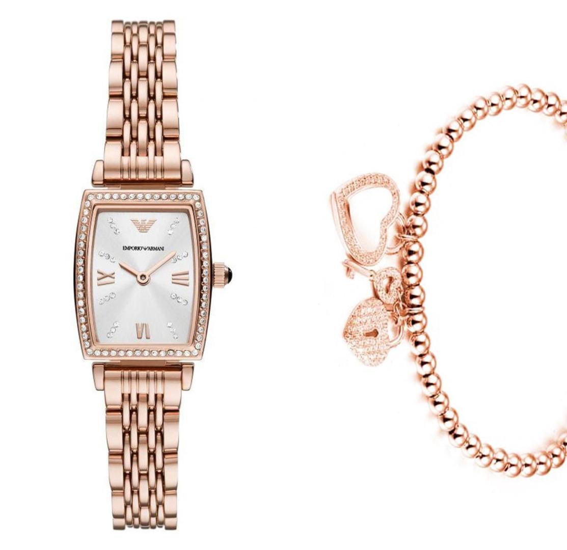 Emporio Armani Gianni T Bar Quartz Crystals White Dial Rose Gold Steel Strap Watch For Women - AR11406