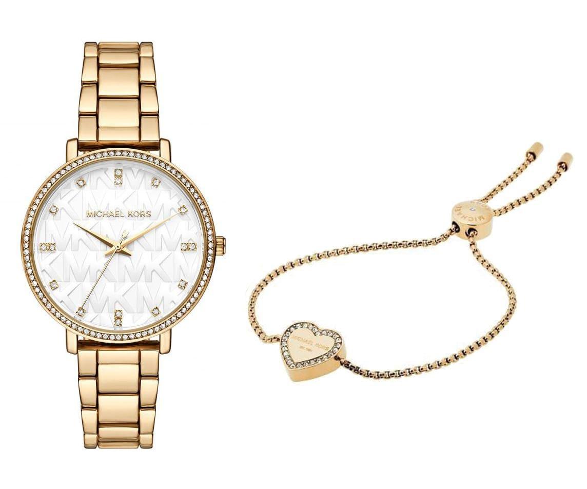 Michael Kors Pyper Three Hand White Dial Gold Steel Strap Watch For Women - MK4666