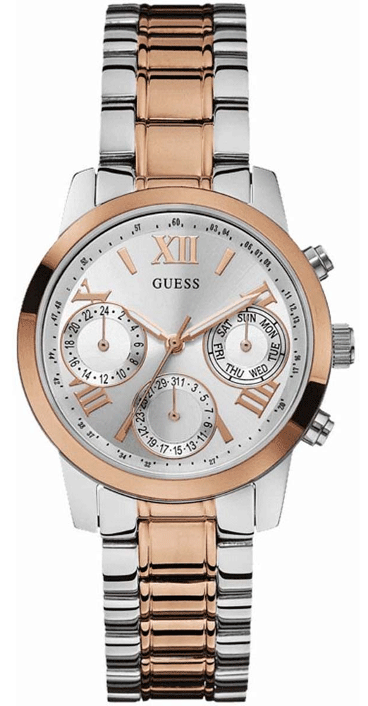 Guess Mini Sunrise Analog Silver Dial Two Tone Steel Strap Watch For Women - W0448L4