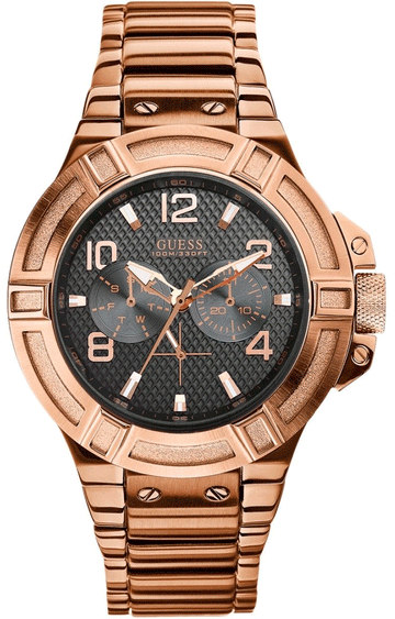 Guess Rigor Multi Function Black Dial Rose Gold Steel Strap Watch For Men - W0218G3