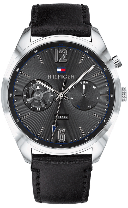 Tommy Hilfiger Deacan Grey Dial Black Leather Strap Watch for Men - 1791548