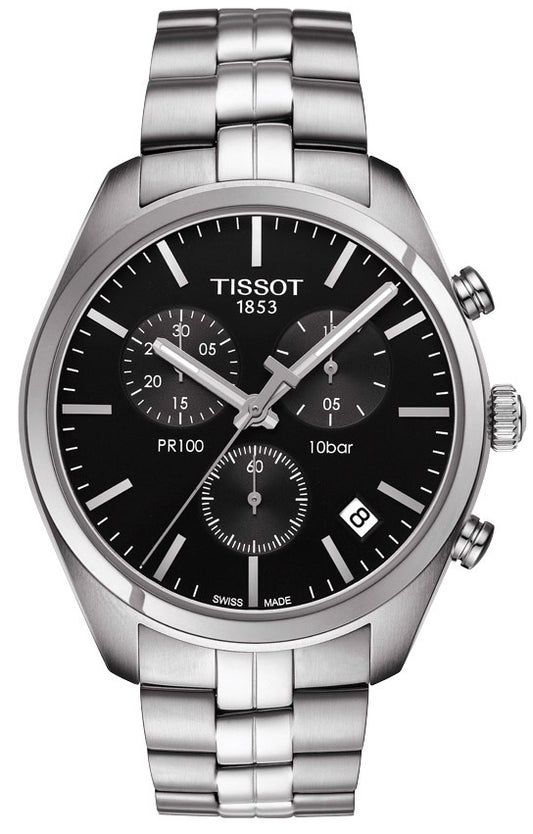 Tissot T Classic PR 100 Chronograph Black Dial Silver Steel Strap Watch for Men - T101.417.11.051.00