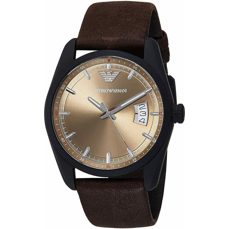 Emporio Armani Sportivo Chronograph Beige Dial Brown Leather Strap Watch For Men - AR6081