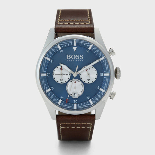 Hugo Boss Pioneer Chronograph Blue Dial Brown Leather Strap Watch For Men - 1513709