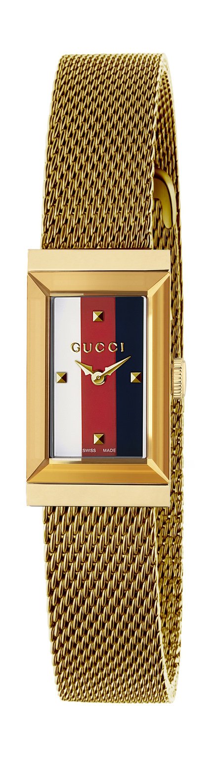 Gucci G Frame Quartz Diamonds White Red Blue Dial Gold Mesh Bracelet Watch For Women - YA147511