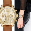 Michael Kors Lexington Chronograph Gold Dial Brown Leather Strap Watch For Men - MK8447