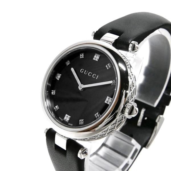 Gucci Diamantissima Diamonds Black Dial Black Leather Strap Watch For Women - YA141403