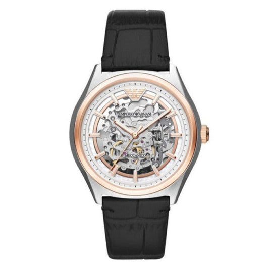 Emporio Armani Zeta Skeleton Automatic Silver Dial Black Leather Strap Watch For Men - AR60018