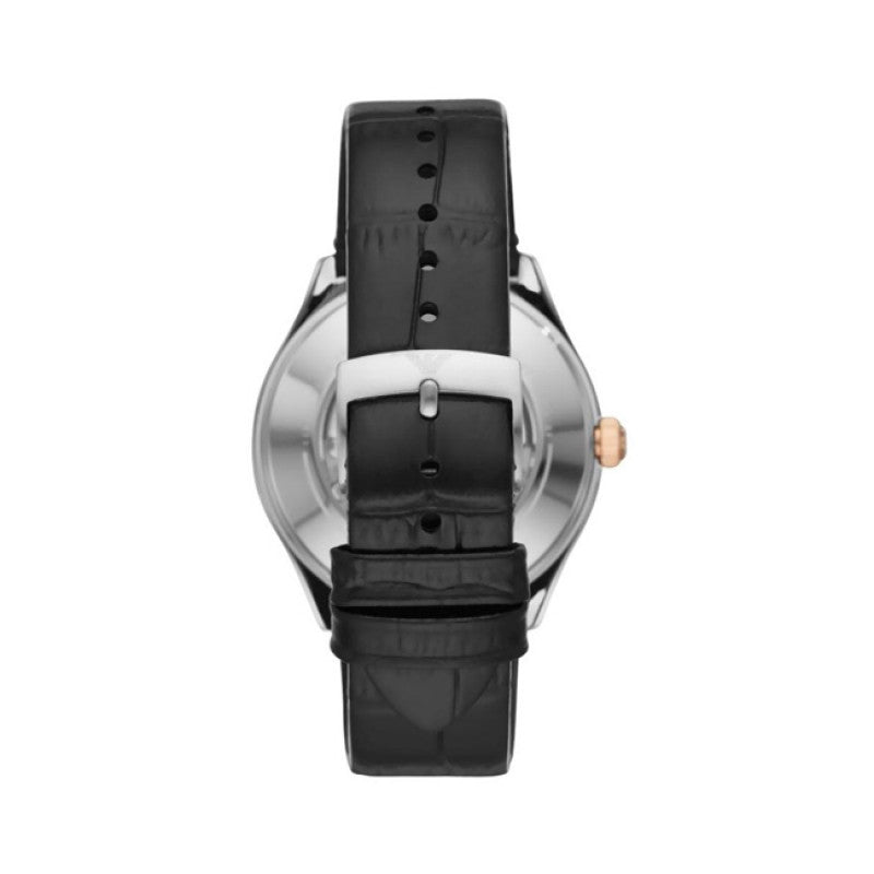 Emporio Armani Zeta Skeleton Automatic Silver Dial Black Leather Strap Watch For Men - AR60018