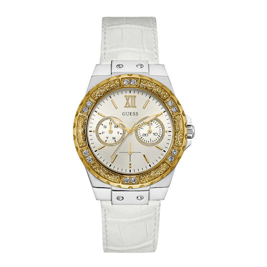 Guess Limelight Quartz Silver Dial White Leather Strap Watch For Women - W0775l8