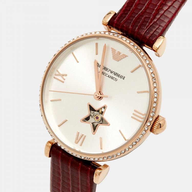 Emporio Armani Meccanico Automatic Silver Dial Burgundy Leather Strap Watch For Women - AR60044