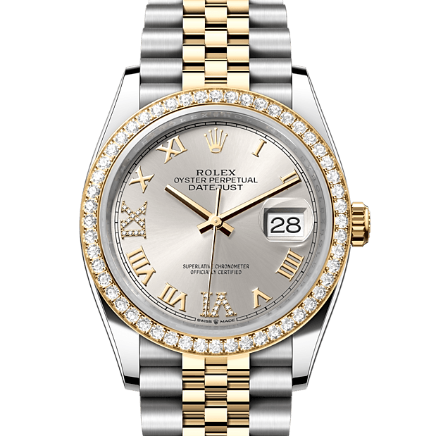 Rolex Datejust 36 Oyster Diamonds Silver Dial Two Tone Oystersteel Yellow Gold Strap Watch for Men - M126283RBR-0017