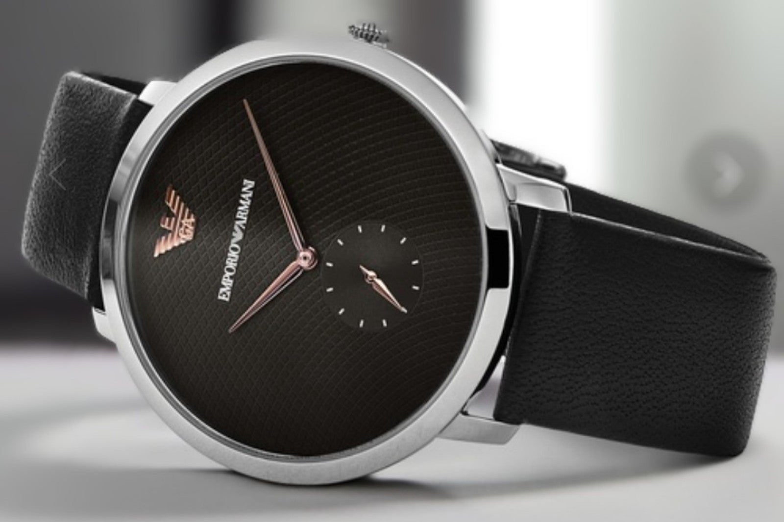 Emporio Armani Modern Slim Quartz Grey Dial Black Leather Strap Watch For Men - AR11162