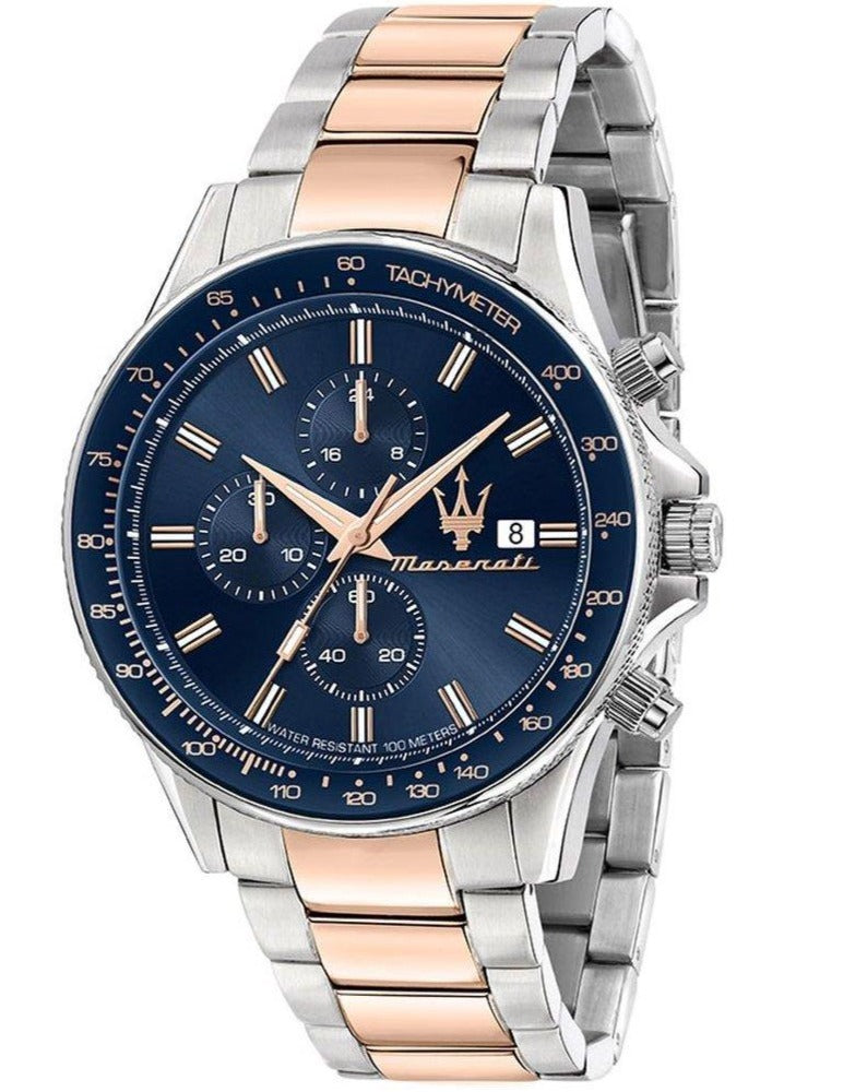 Maserati SFIDA Chronograph Blue Dial Two Tone Steel Strap Watch For Men - R8873640012