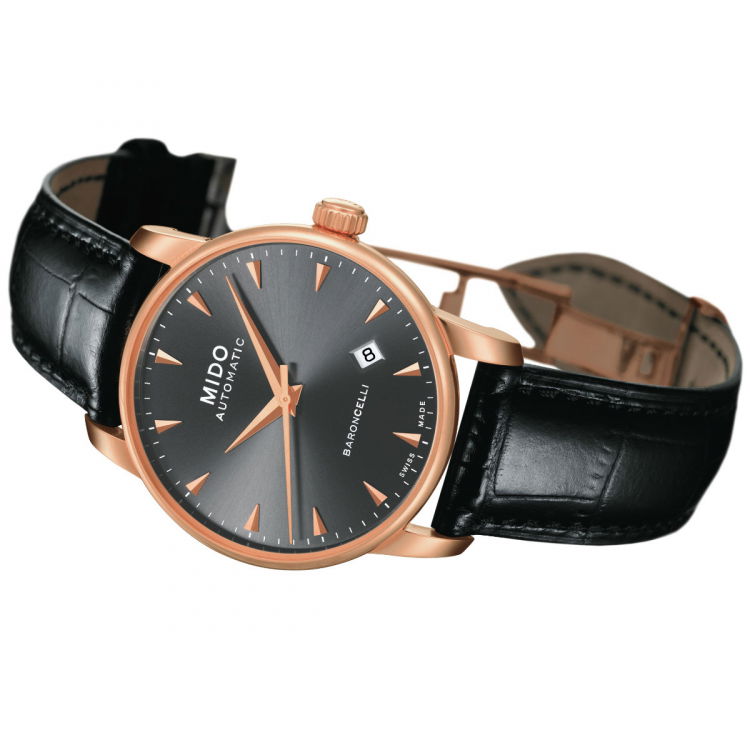 Mido Baroncelli III Automatic Grey Dial Black Leather Strap Watch For Men - M8600.3.13.4