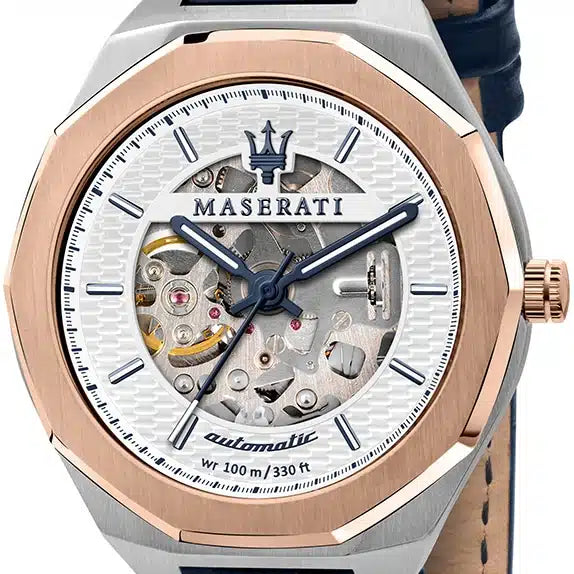 Maserati Stile Automatic Limited Edition Silver Dial Blue Leather Strap Watch For Men - R8821142001