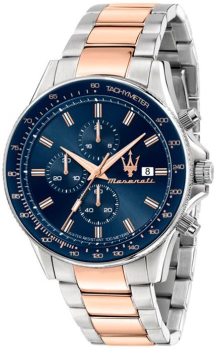 Maserati SFIDA Chronograph Blue Dial Two Tone Steel Strap Watch For Men - R8873640012