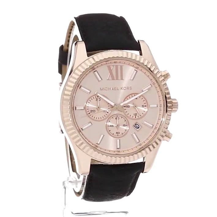 Michael Kors Lexington Chronograph Rose Gold Dial Black Leather Strap Watch For Men - MK8516