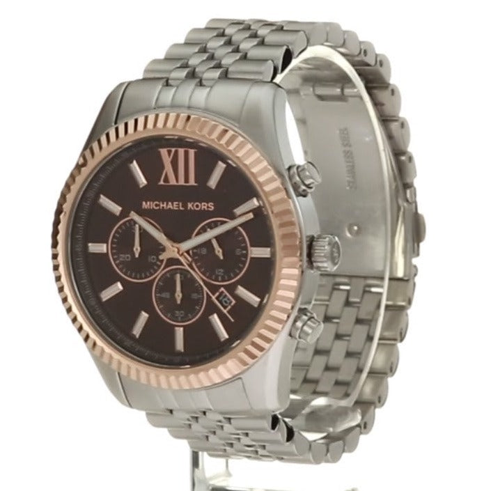 Michael Kors Lexington Chronograph Brown Dial Silver Steel Strap Watch For Men - MK8732