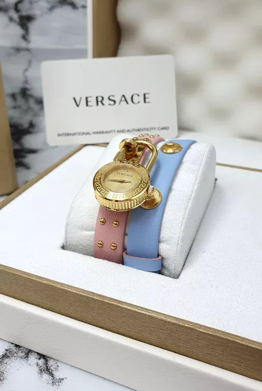 Versace Medusa Lock Icon Quartz Gold Dial Pink & Blue Leather Strap Watch For Women - VEDW00219