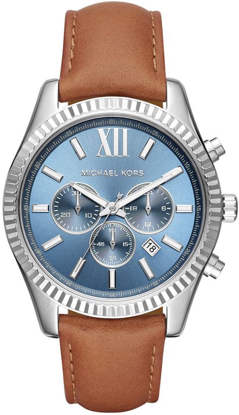 Michael Kors Lexington Chronograph Blue Dial Brown Leather Strap Watch For Men - MK8537