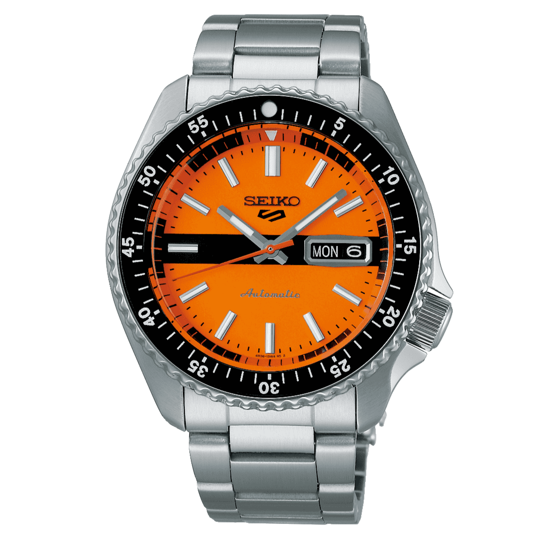 Seiko 5 Sports Double Hurricane Retro Orange Dial Silver Steel Strap Watch For Men - SRPK11K1