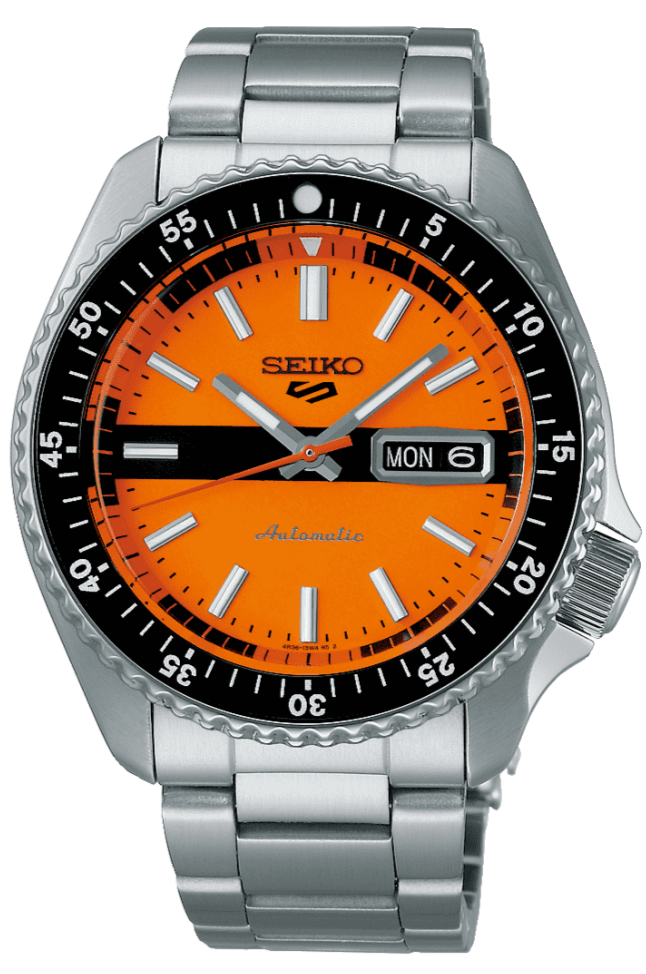 Seiko 5 Sports Double Hurricane Retro Orange Dial Silver Steel Strap Watch For Men - SRPK11K1