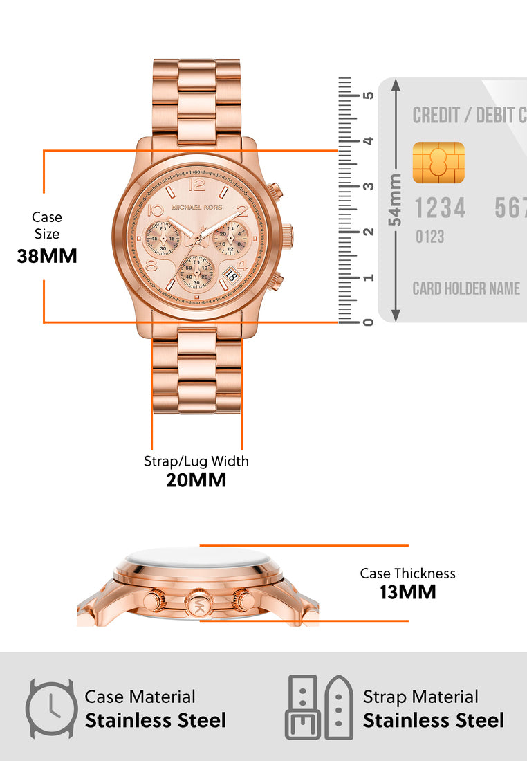 Michael Kors Runway Chronograph Rose Gold Dial Rose Gold Steel Strap Watch For Women - MK7324