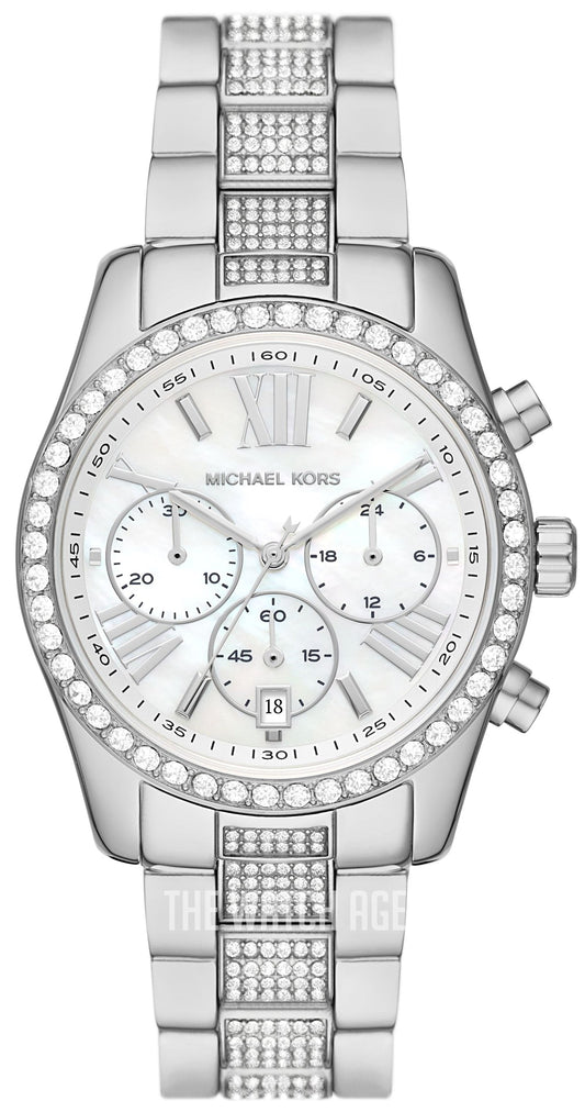 Michael Kors Lexington Chronograph White Dial Silver Steel Strap Watch For Women - MK7243