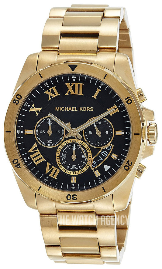 Michael Kors Brecken Chronograph Quartz Black Dial Gold Steel Strap Watch For Men - MK8481