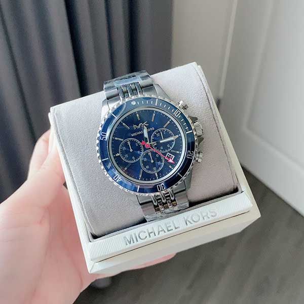 Michael Kors Bayville Chronograph Blue Dial Grey Steel Strap Watch For Men - MK8727