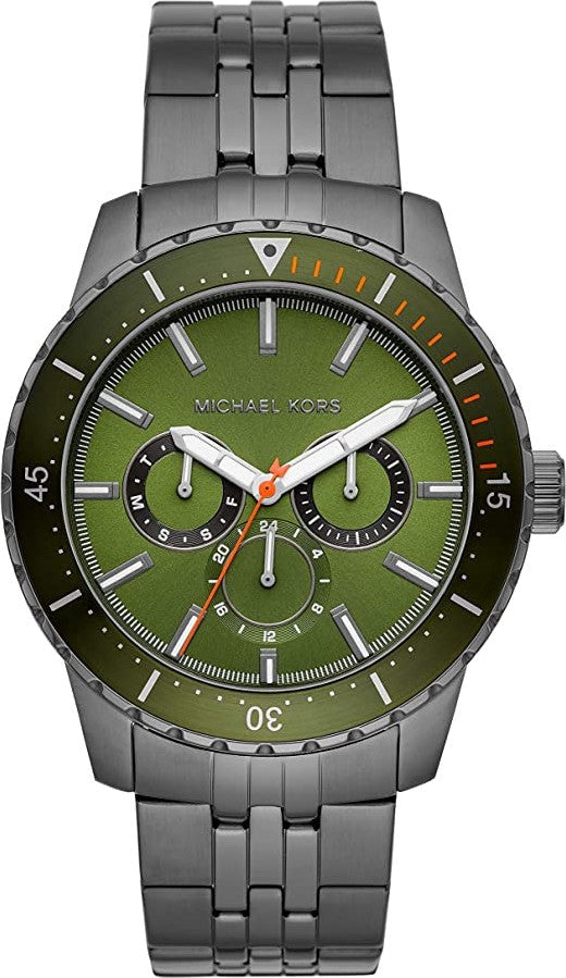 Michael Kors Cunningham Multifunction Chronograph Green Dial Grey Steel Strap Watch For Men - MK7158