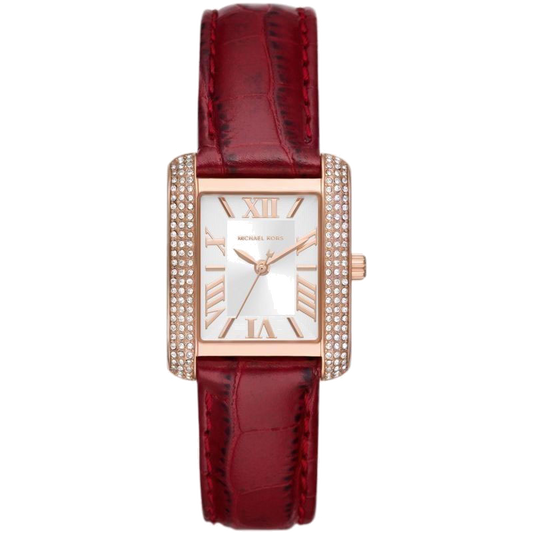 Michael Kors Emery Quartz Diamonds Silver Dial Red Leather Strap Watch For Women - MK4689