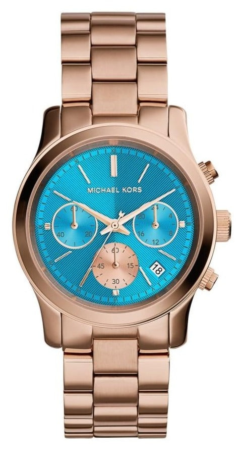 Michael Kors Runway Chronograph Turquoise Dial Rose Gold Steel Strap Watch For Women - MK6164
