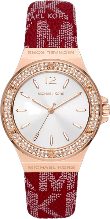 Michael Kors Lennox Three Hand Silver Dial Red Leather Strap Watch For Women - MK7308