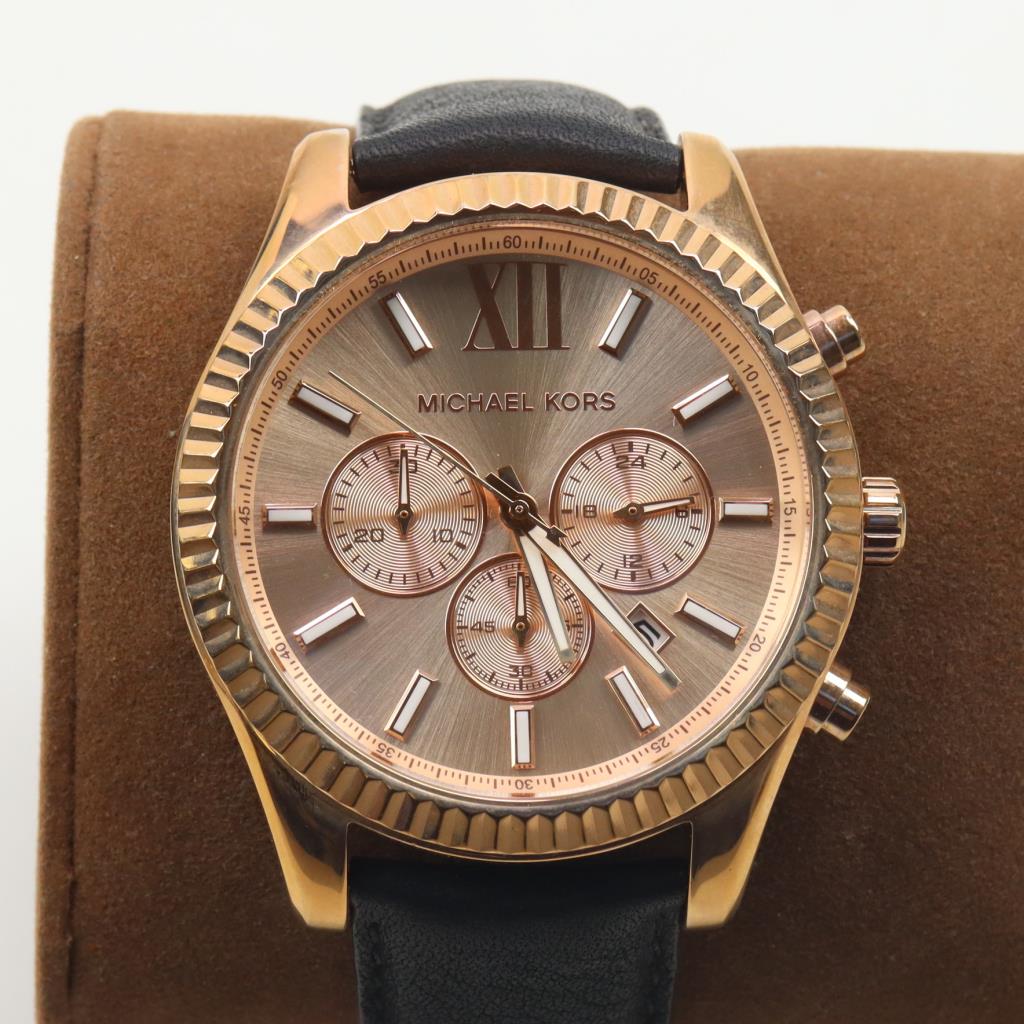 Michael Kors Lexington Chronograph Rose Gold Dial Black Leather Strap Watch For Men - MK8516