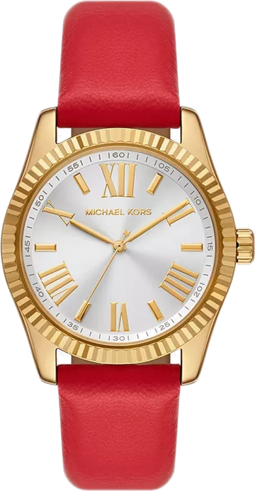 Michael Kors Lexington Three Hand Red Dial Red Leather Strap Watch For Women - MK4747