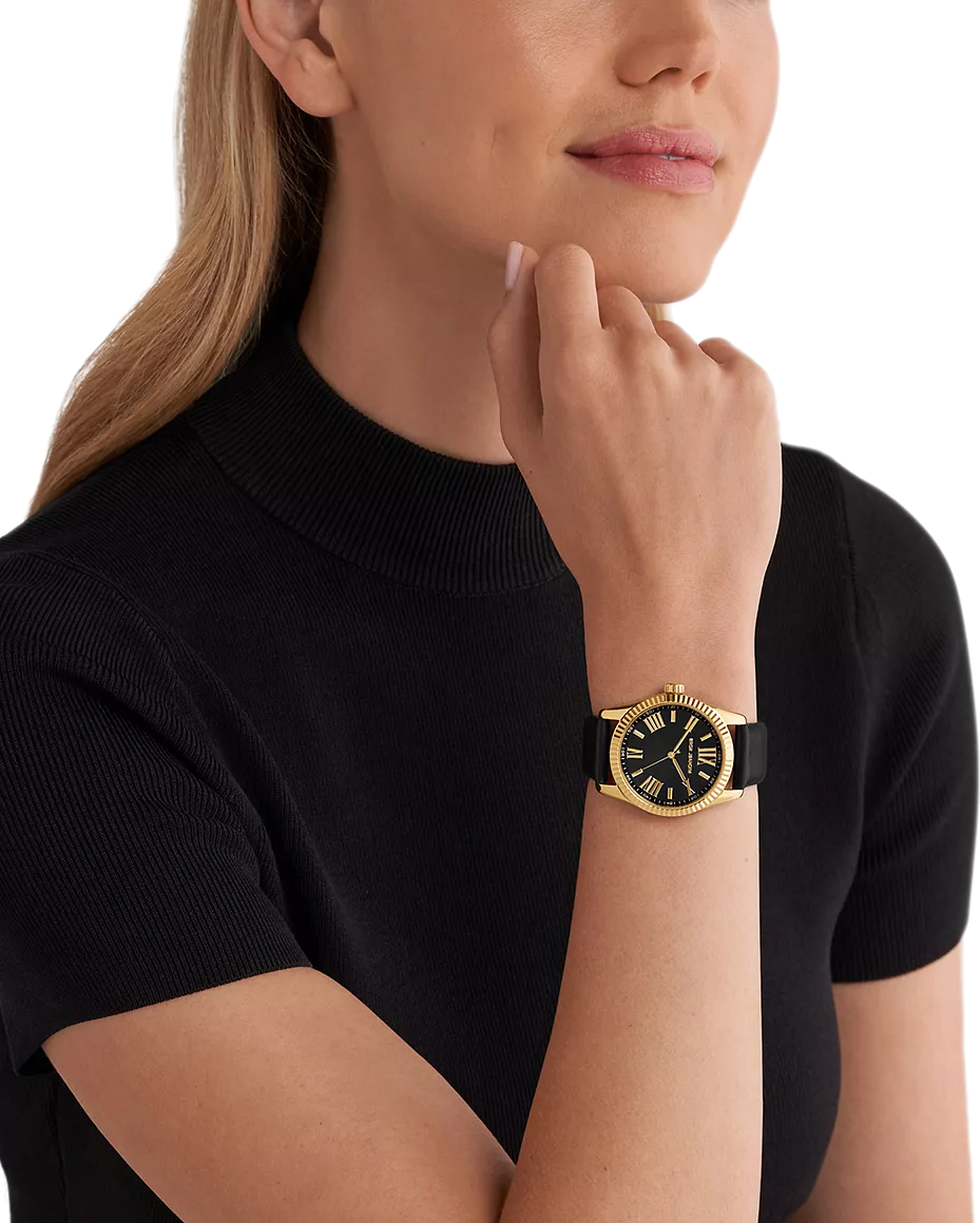 Michael Kors Lexington Black Dial Black Leather Strap Watch For Women - MK4748