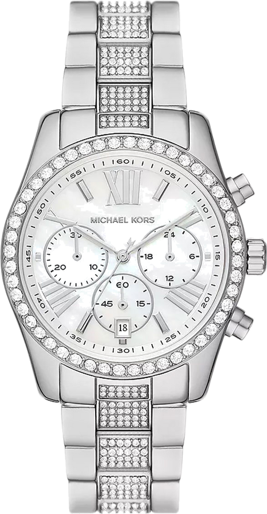 Michael Kors Lexington Chronograph White Dial Silver Steel Strap Watch For Women - MK7243