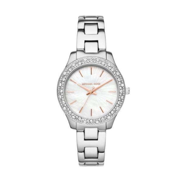 Michael Kors Liliane Three Hand Mother of Pearl White Dial Silver Steel Strap Watch For Women - MK4556