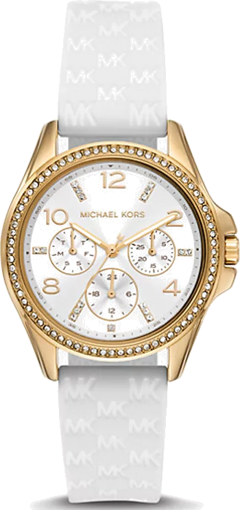 Michael Kors Mini Pilot Quartz Silver Dial White Silicone Strap Watch For Women - MK7372