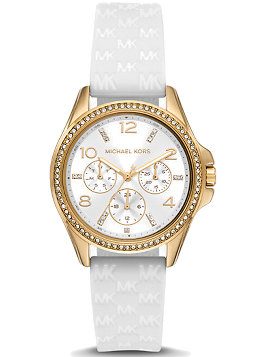 Michael Kors Mini Pilot Quartz Silver Dial White Silicone Strap Watch For Women - MK7372