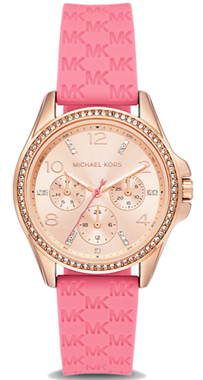 Michael Kors Mini Pilot Quartz Rose Gold Dial Pink Silicone Strap Watch For Women - MK7375