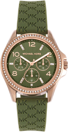 Michael Kors Mini Pilot Chronograph Green Dial Green Silicone Strap Watch For Women - MK7421