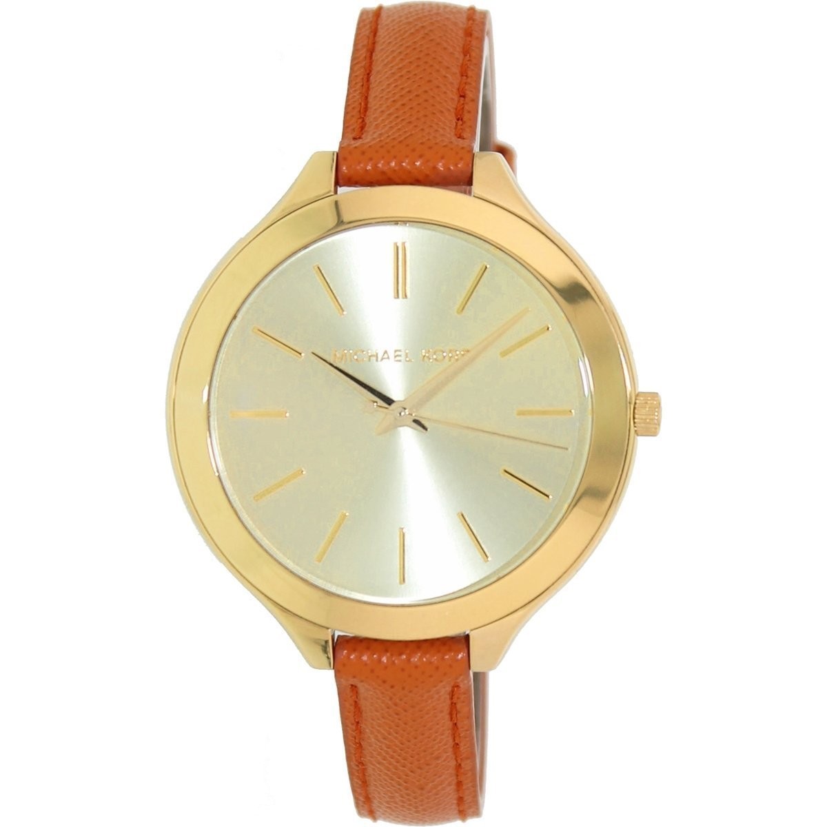 Michael Kors Runway Quartz Gold Dial Orange Leather Strap Watch For Women - MK2275