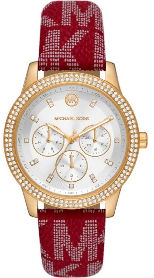 Michael Kors Tibby Multifunction Silver Dial Red Leather Strap Watch For Women - MK2975