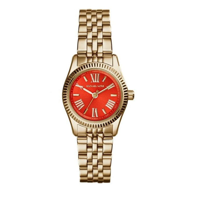 Michael Kors Lexington Quartz Orange Dial Gold Steel Strap Watch For Women - MK3284